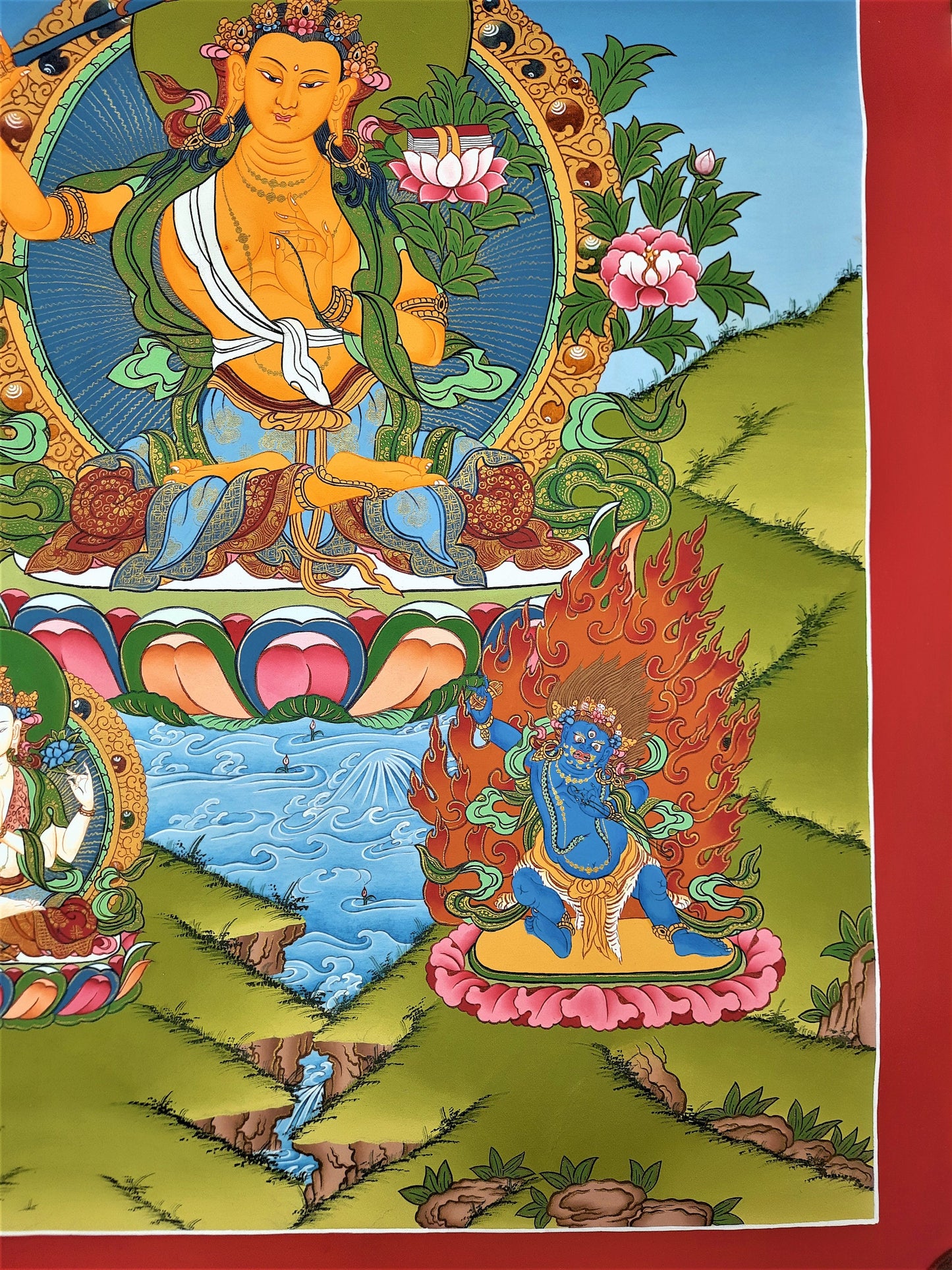 Hand-Painted Manjushree Thanka Painting, Tibetan God of Wisdom Art