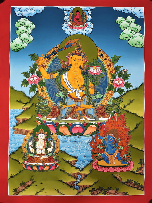 Hand-Painted Manjushree Thanka Painting, Tibetan God of Wisdom Art