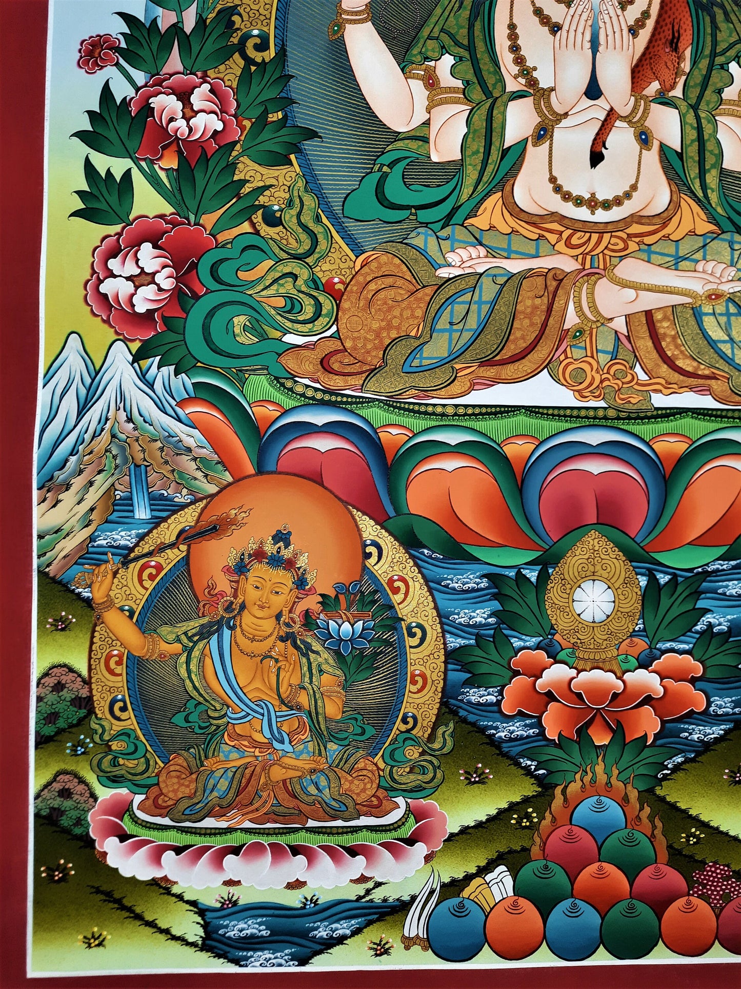 Hand-Painted 4-Armed Avalokiteshvara Thangka | 24K Gold Chenrezig Tibetan Buddhist Art | Compassion Meditation Painting