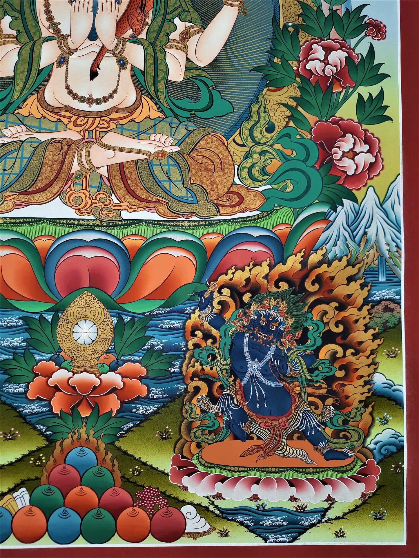 Hand-Painted 4-Armed Avalokiteshvara Thangka | 24K Gold Chenrezig Tibetan Buddhist Art | Compassion Meditation Painting