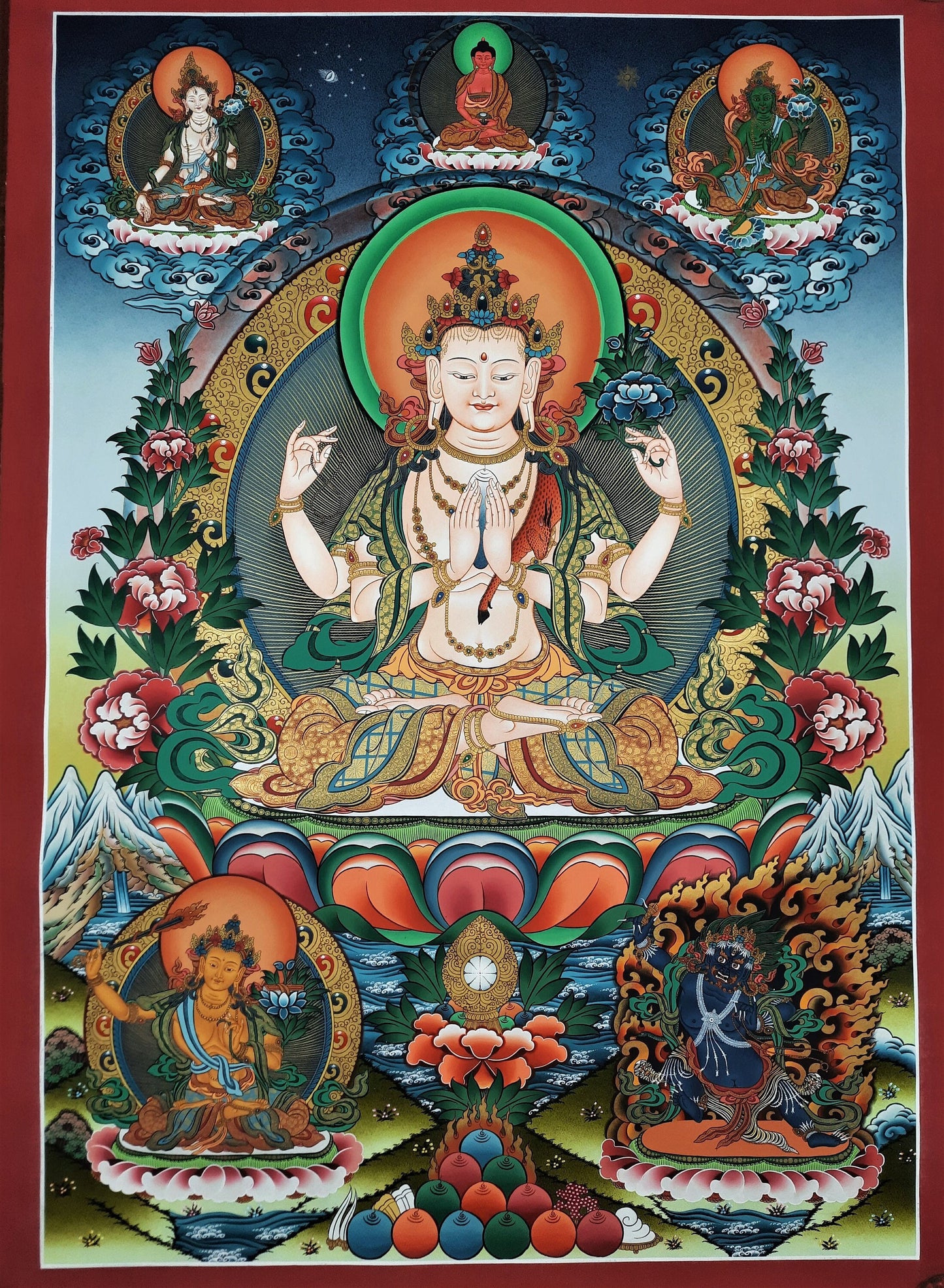 Hand-Painted 4-Armed Avalokiteshvara Thangka | 24K Gold Chenrezig Tibetan Buddhist Art | Compassion Meditation Painting
