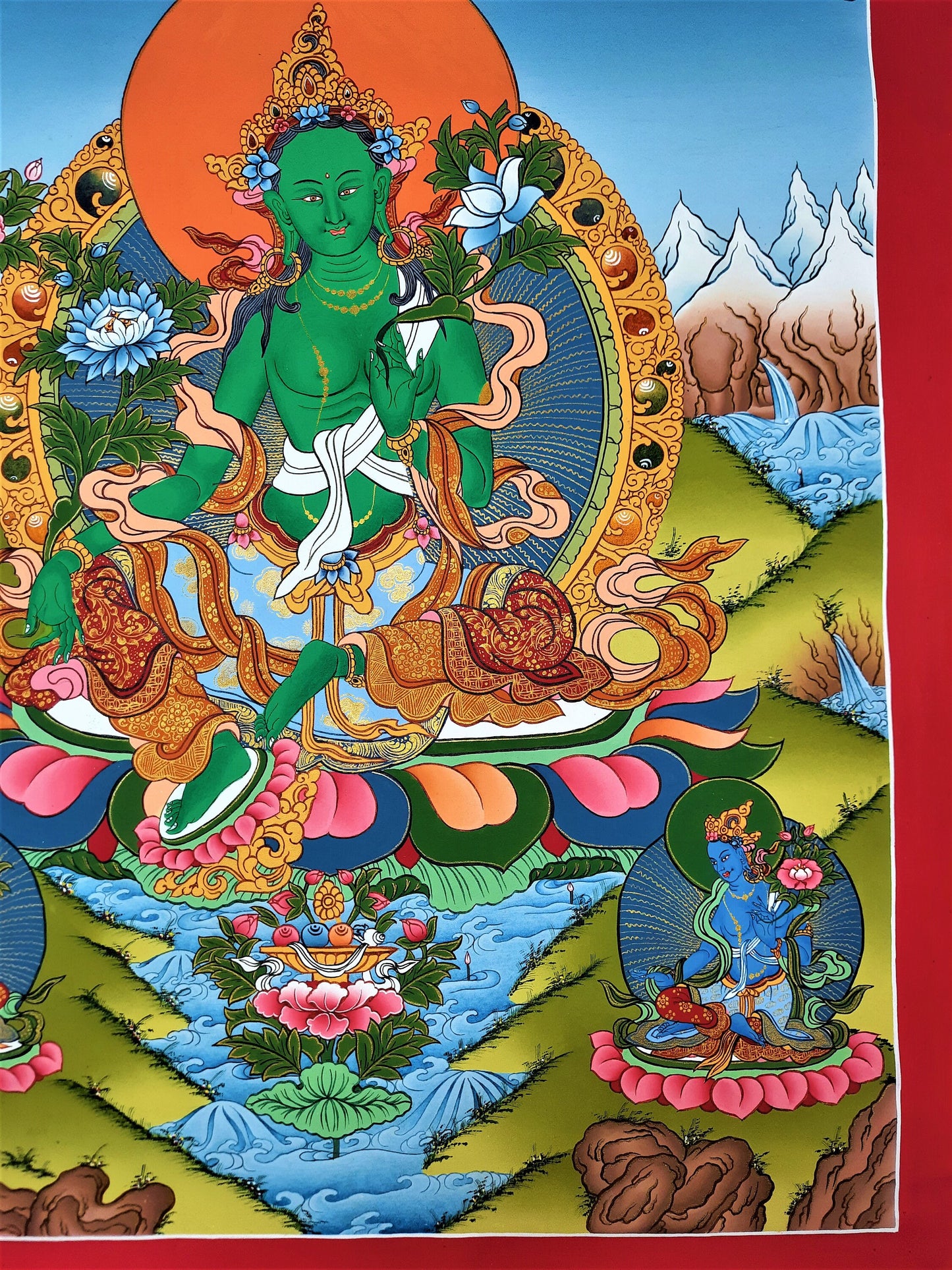 Hand Painted Green Tara Thangka Painting, Tibetan Art, 17" x 24"