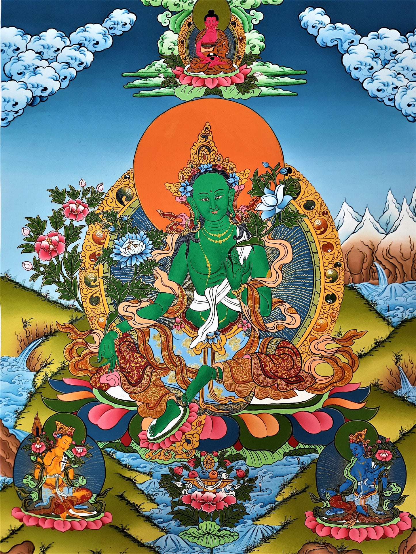 Hand Painted Green Tara Thangka Painting, Tibetan Art, 17" x 24"