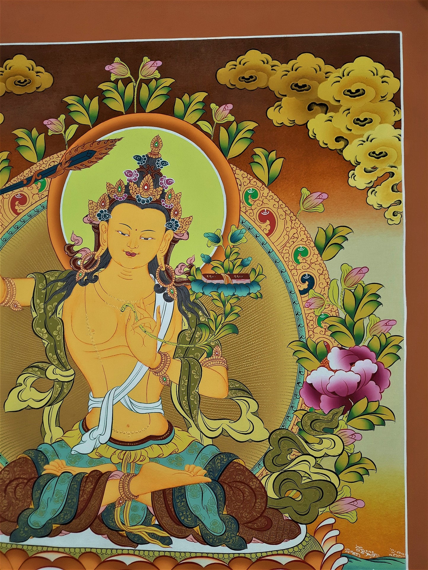 Hand-Painted Manjushree Thangka, 24k Gold Tibetan Art, Nepal