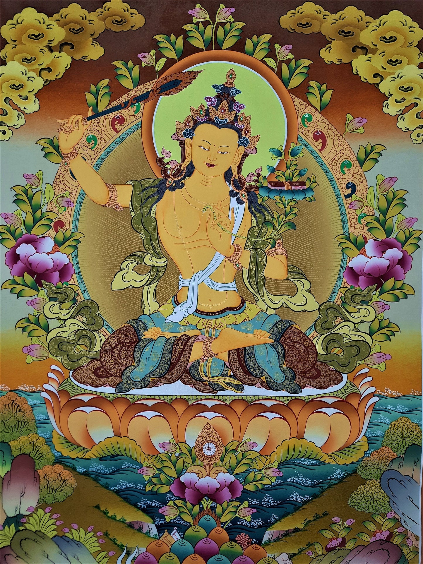 Hand-Painted Manjushree Thangka, 24k Gold Tibetan Art, Nepal
