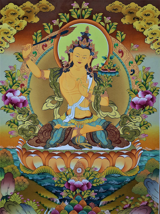 Hand-Painted Manjushree Thangka, 24k Gold Tibetan Art, Nepal