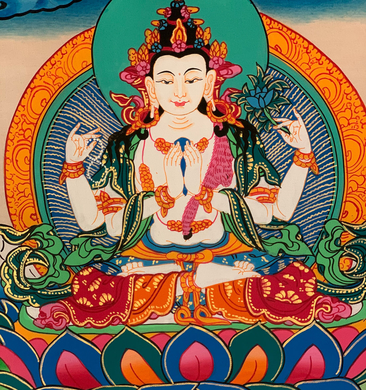 Four-Armed Avalokiteshvara Thangka with Silk Brocade | Chenrezig Tibetan Buddhist Compassion Art | Hand-Painted in Nepal