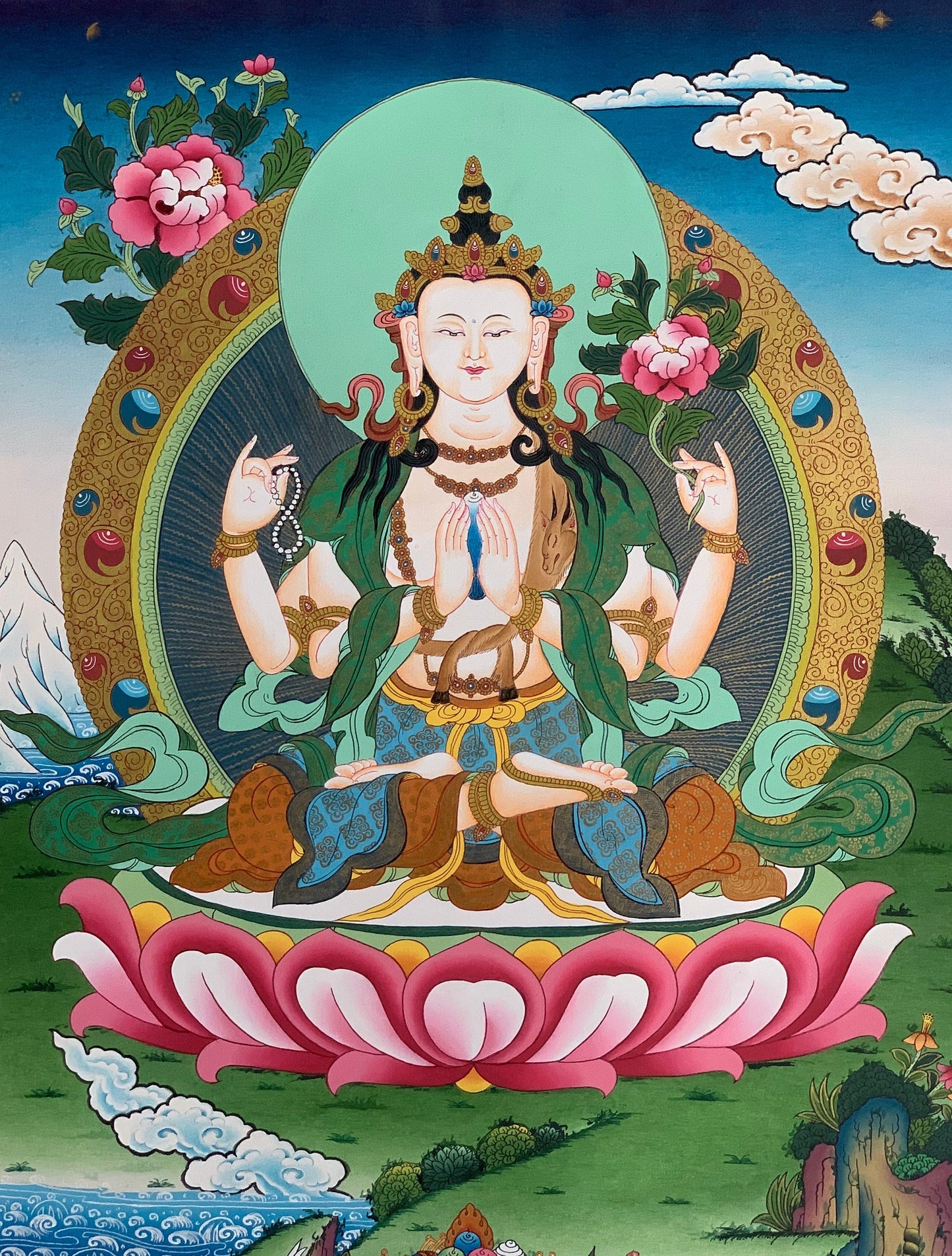 Hand-Painted Four-Armed Avalokiteshvara Thangka | Chenrezig Tibetan Buddhist Art | Masterpiece from Nepal