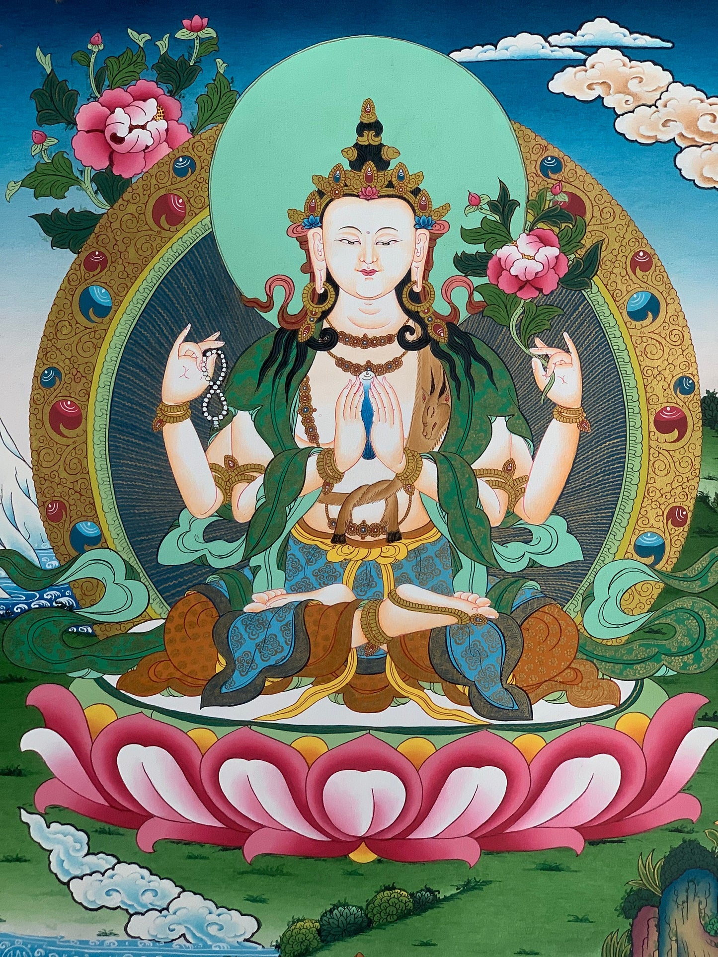 Hand-Painted Four-Armed Avalokiteshvara Thangka | Chenrezig Tibetan Buddhist Art | Masterpiece from Nepal