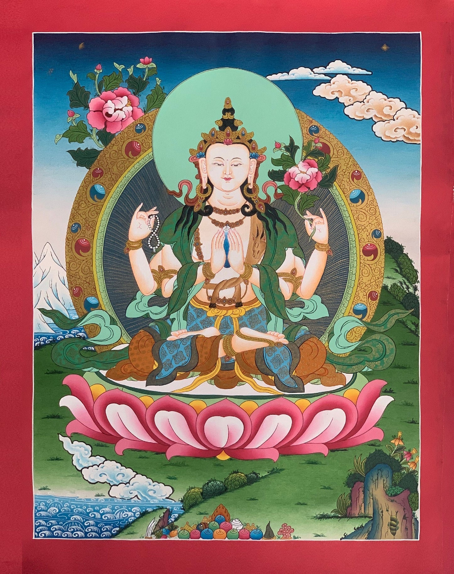Hand-Painted Four-Armed Avalokiteshvara Thangka | Chenrezig Tibetan Buddhist Art | Masterpiece from Nepal