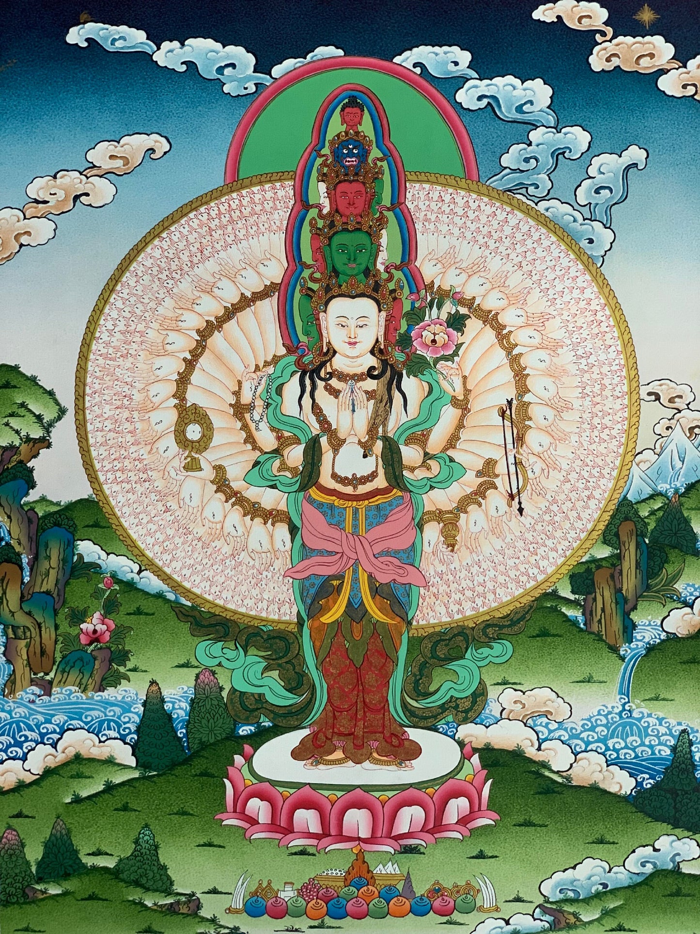 Hand-Painted Thousand-Armed Avalokiteshvara Thangka with Silk Brocade (Option)