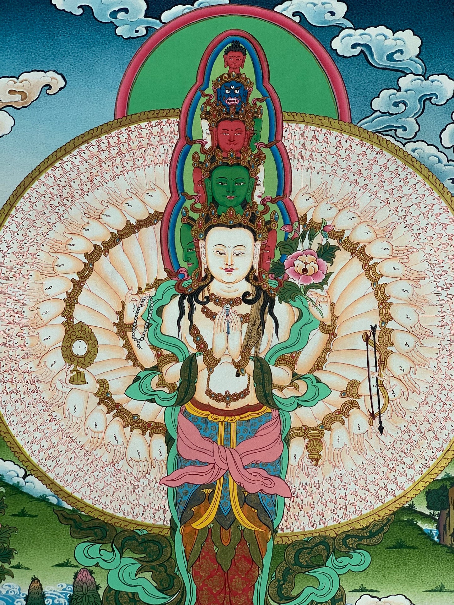 Hand-Painted Thousand-Armed Avalokiteshvara Thangka with Silk Brocade (Option)