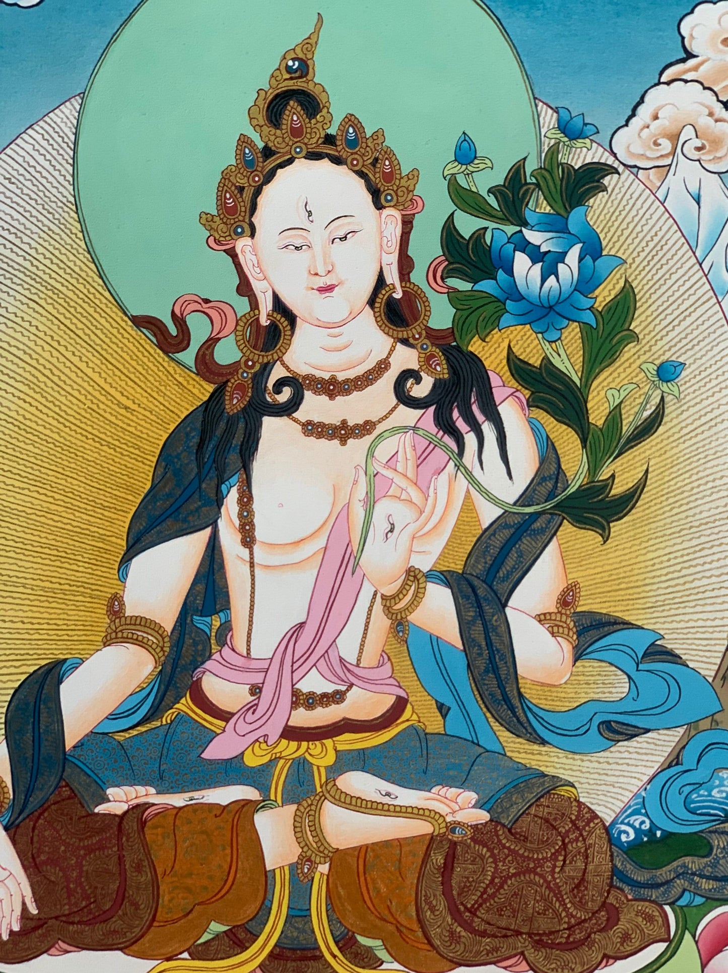 Hand-Painted White Tara Thangka, Tibetan Meditation Art (18x24 inch)