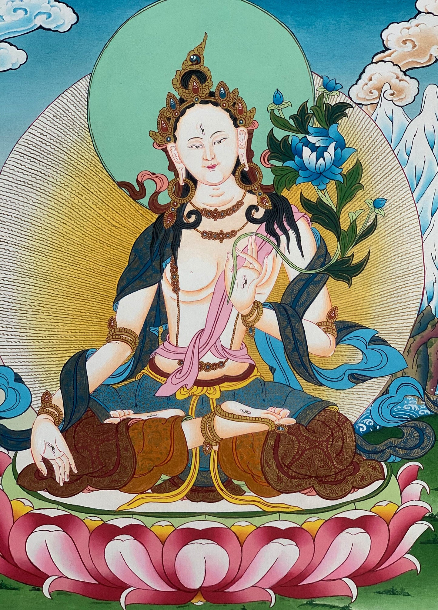 Hand-Painted White Tara Thangka, Tibetan Meditation Art (18x24 inch)