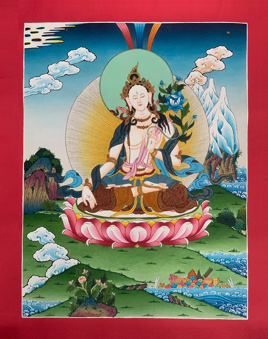 Hand-Painted White Tara Thangka, Tibetan Meditation Art (18x24 inch)