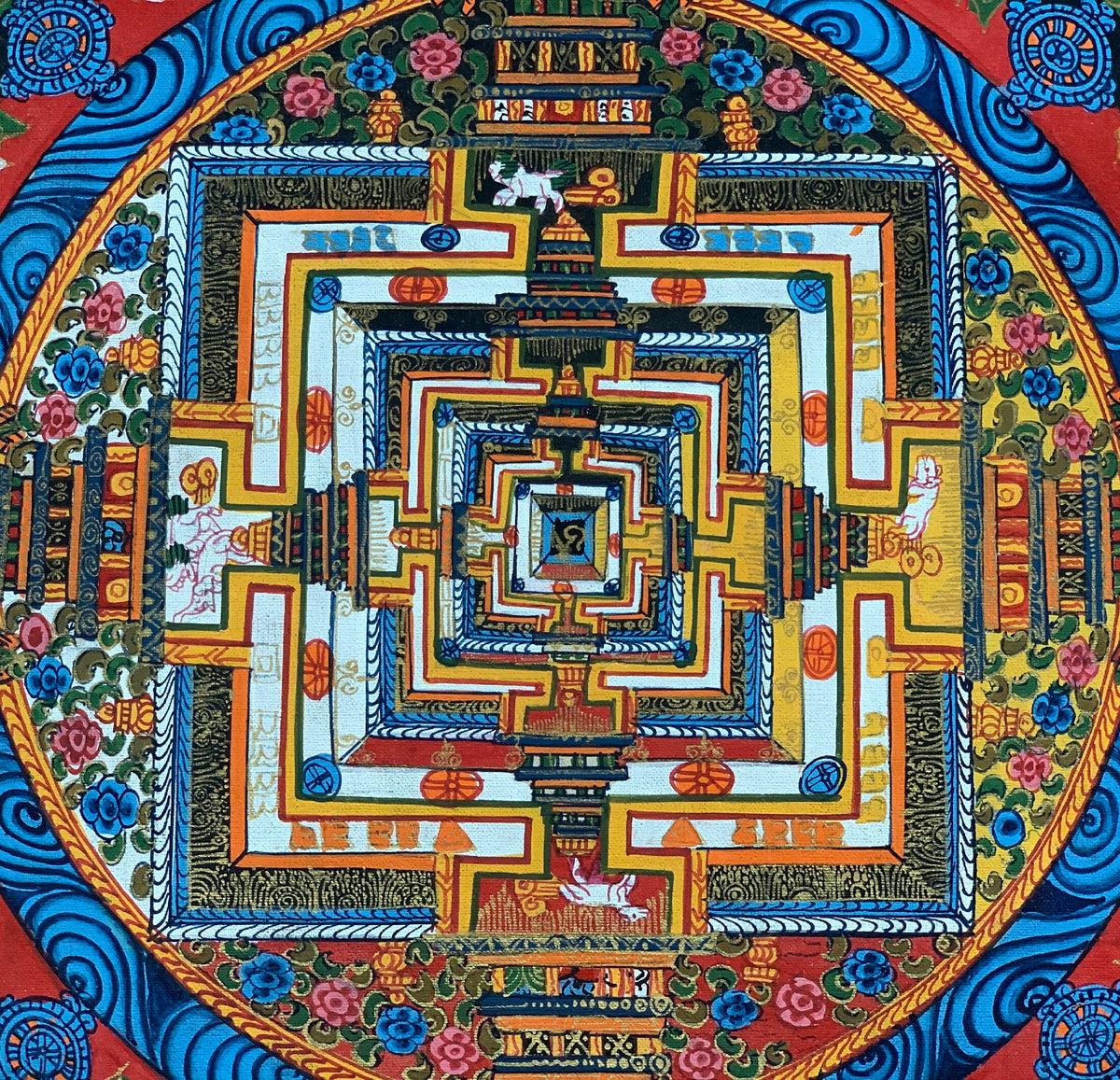 Tibetan Kalachakra Mandala Thangka Painting with Silk Frame