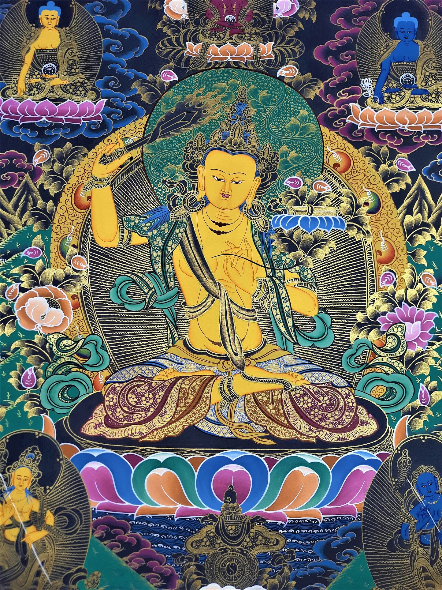 Hand-Painted Manjushree Thanka, God of Wisdom, Tibetan Wall Hanging