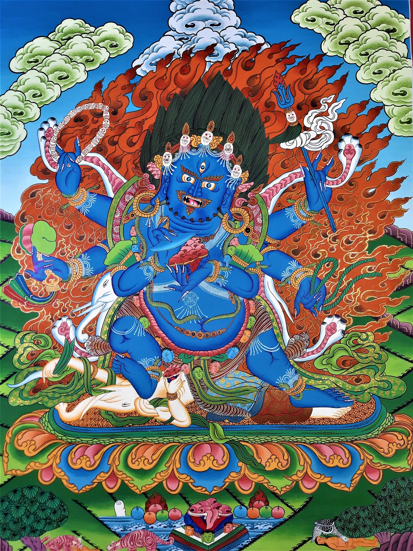 Mahankala Thangka Painting: 24k Gold, Black Tibetan Art from Nepal