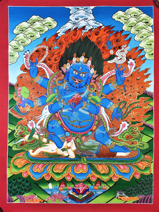 Mahankala Thangka Painting: 24k Gold, Black Tibetan Art from Nepal