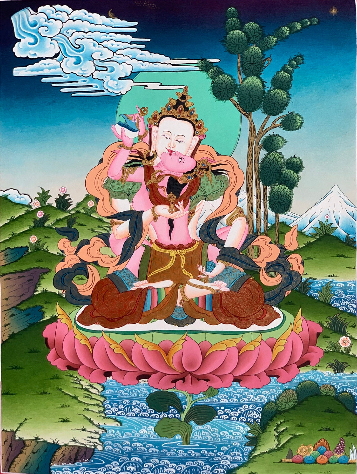Vajrasattva Yab Yum Thangka, Hand-Painted Tibetan Art