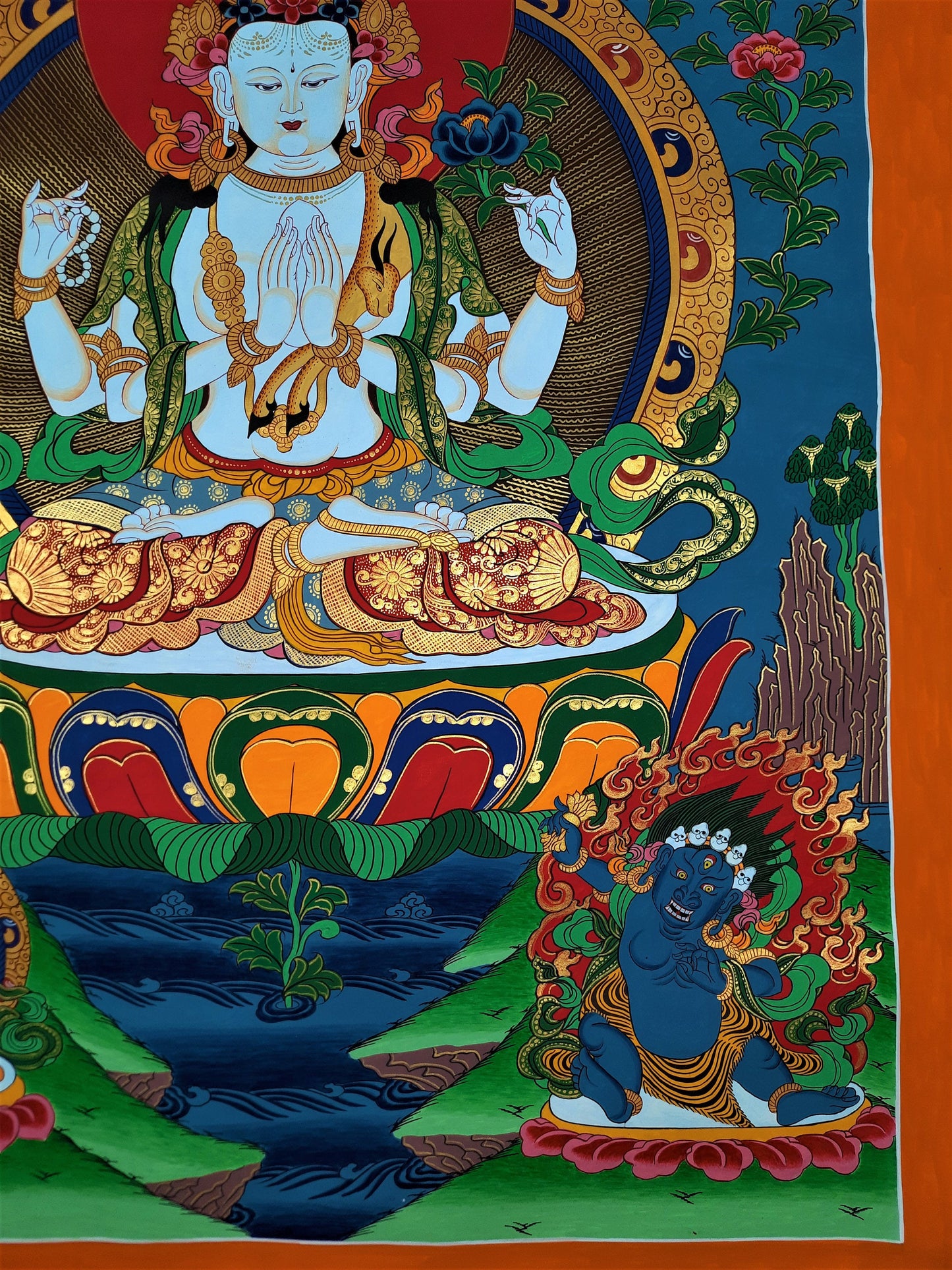 Original Hand-Painted Four-Armed Avalokiteshvara Chenrezig/ Chyangresi Large Masterpiece Tibetan  Thangka Painting