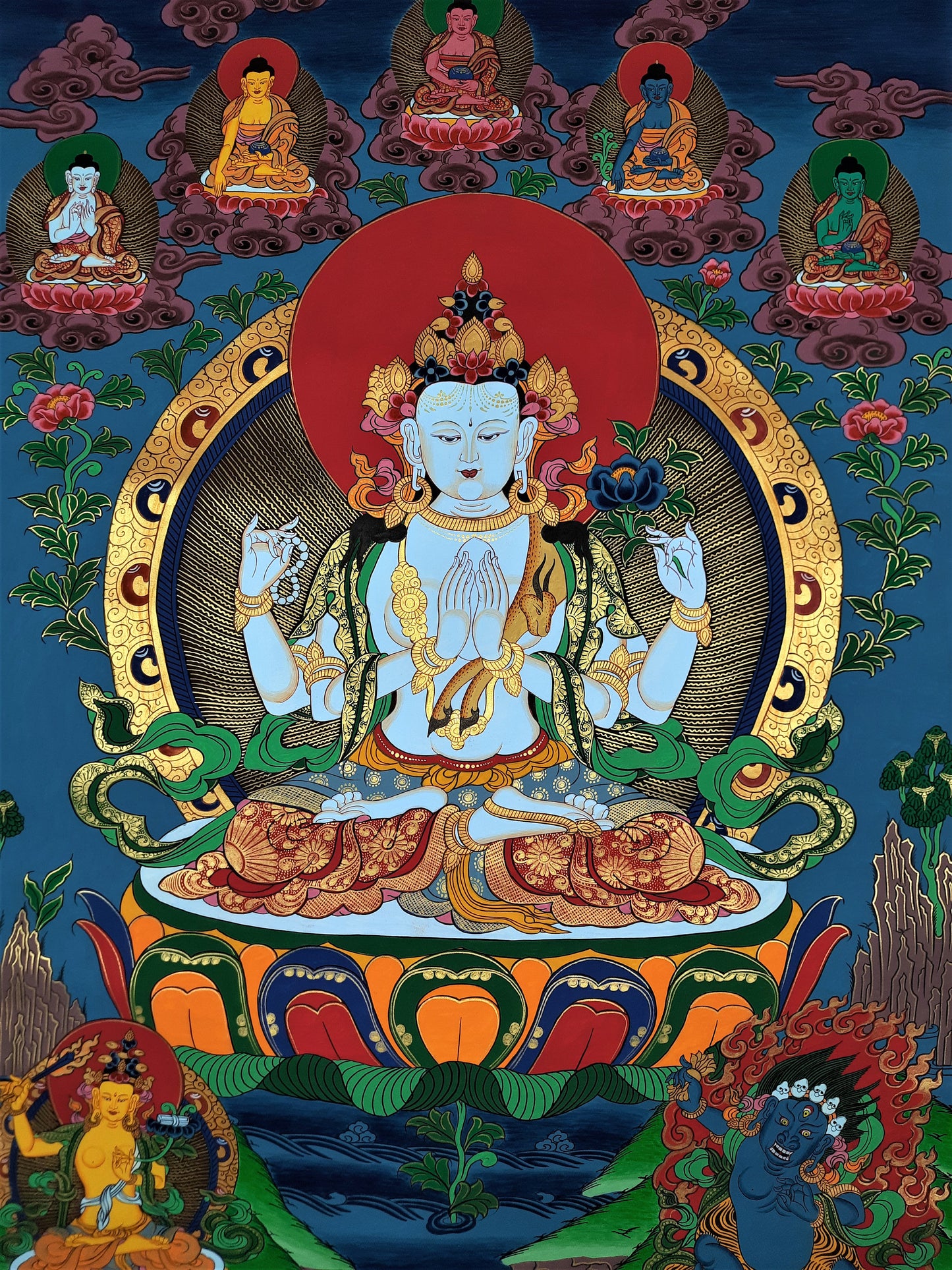 Original Hand-Painted Four-Armed Avalokiteshvara Chenrezig/ Chyangresi Large Masterpiece Tibetan  Thangka Painting