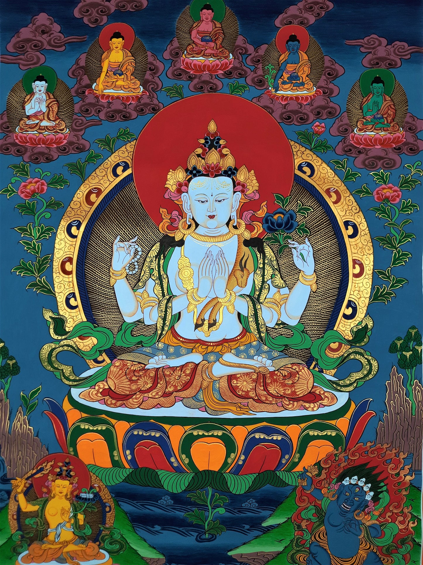 Original Hand-Painted Four-Armed Avalokiteshvara Chenrezig/ Chyangresi Large Masterpiece Tibetan  Thangka Painting