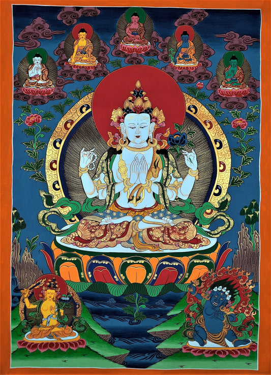 Original Hand-Painted Four-Armed Avalokiteshvara Chenrezig/ Chyangresi Large Masterpiece Tibetan  Thangka Painting