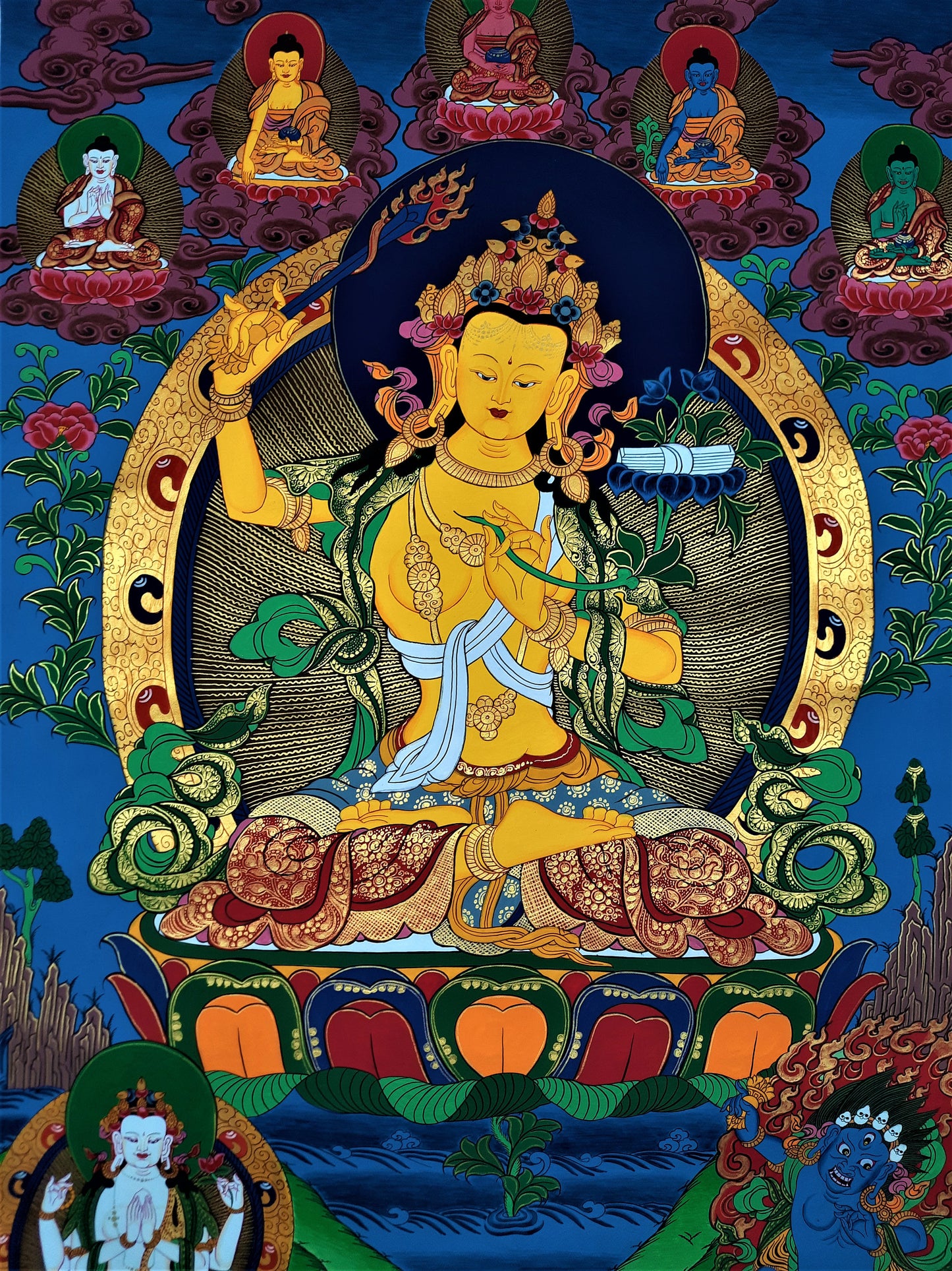 Hand-Painted Manjushree Thangka Painting, God of Wisdom, Tibetan Art