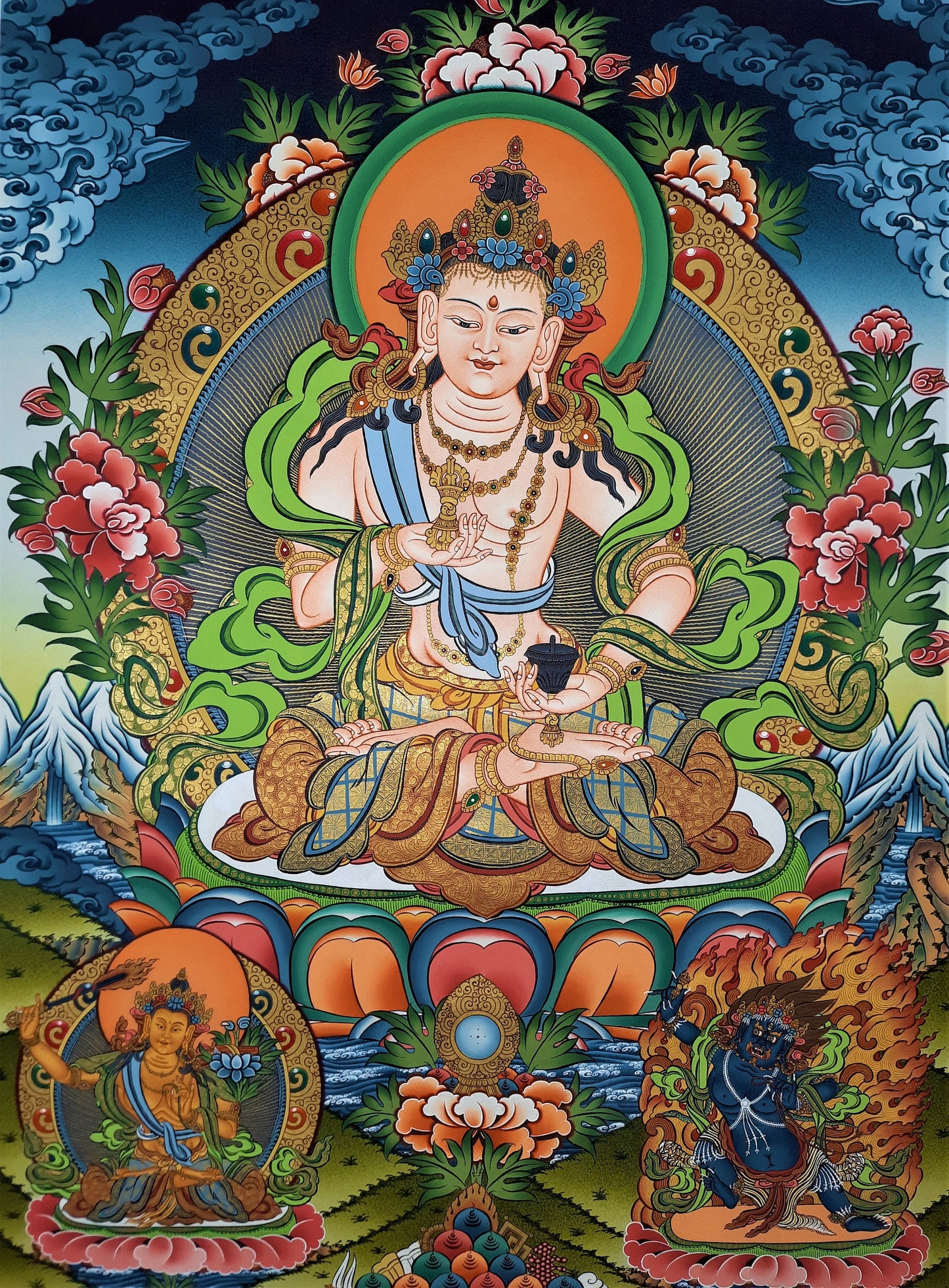 Vajrasattva 24K Gold Thangka | Hand-Painted Tibetan Purification Buddha Art