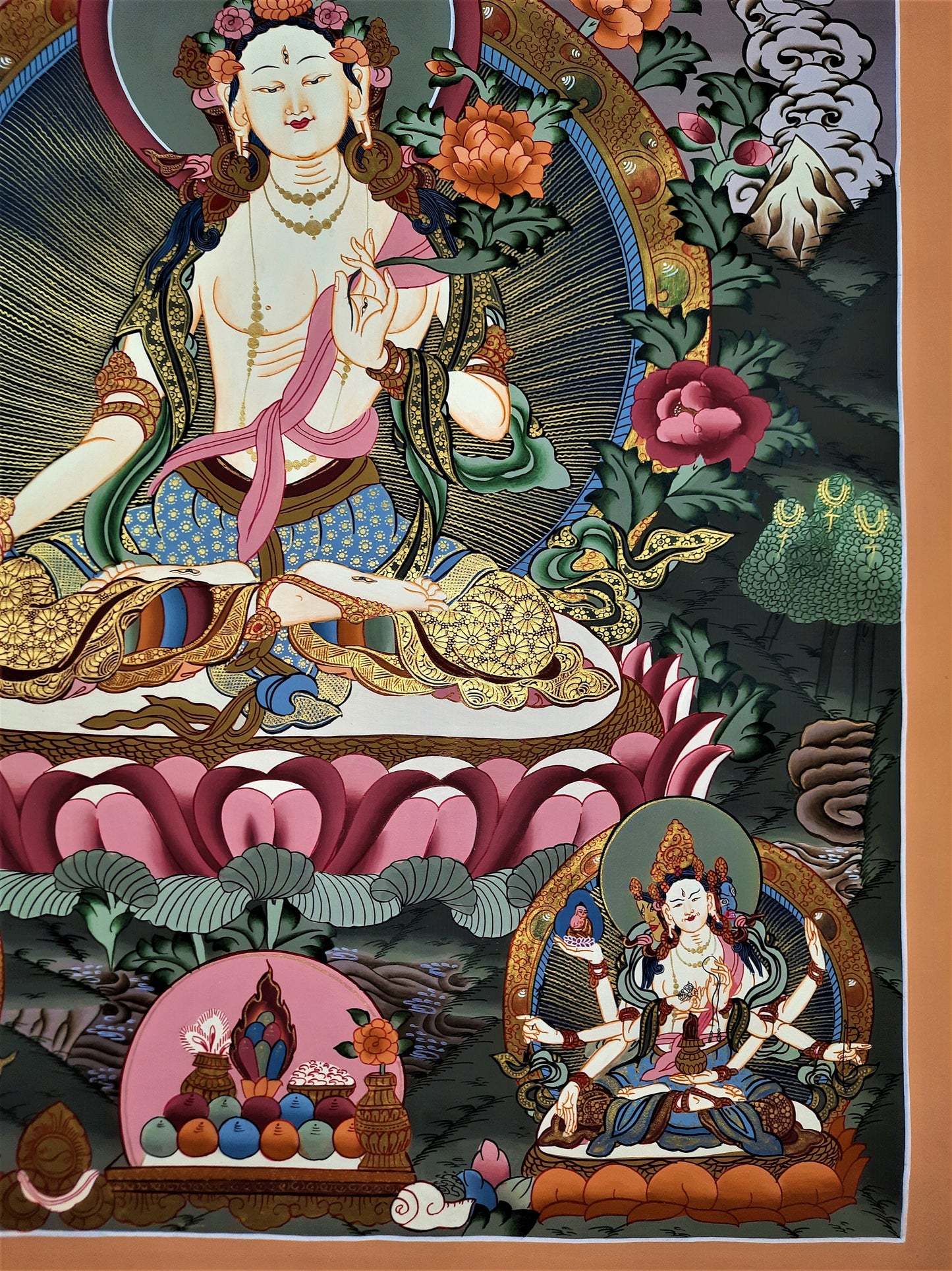 Hand Painted White Tara Thangka, Tibetan Mother Goddess Canvas (28x20.5)