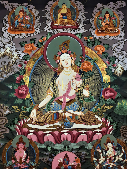 Hand Painted White Tara Thangka, Tibetan Mother Goddess Canvas (28x20.5)