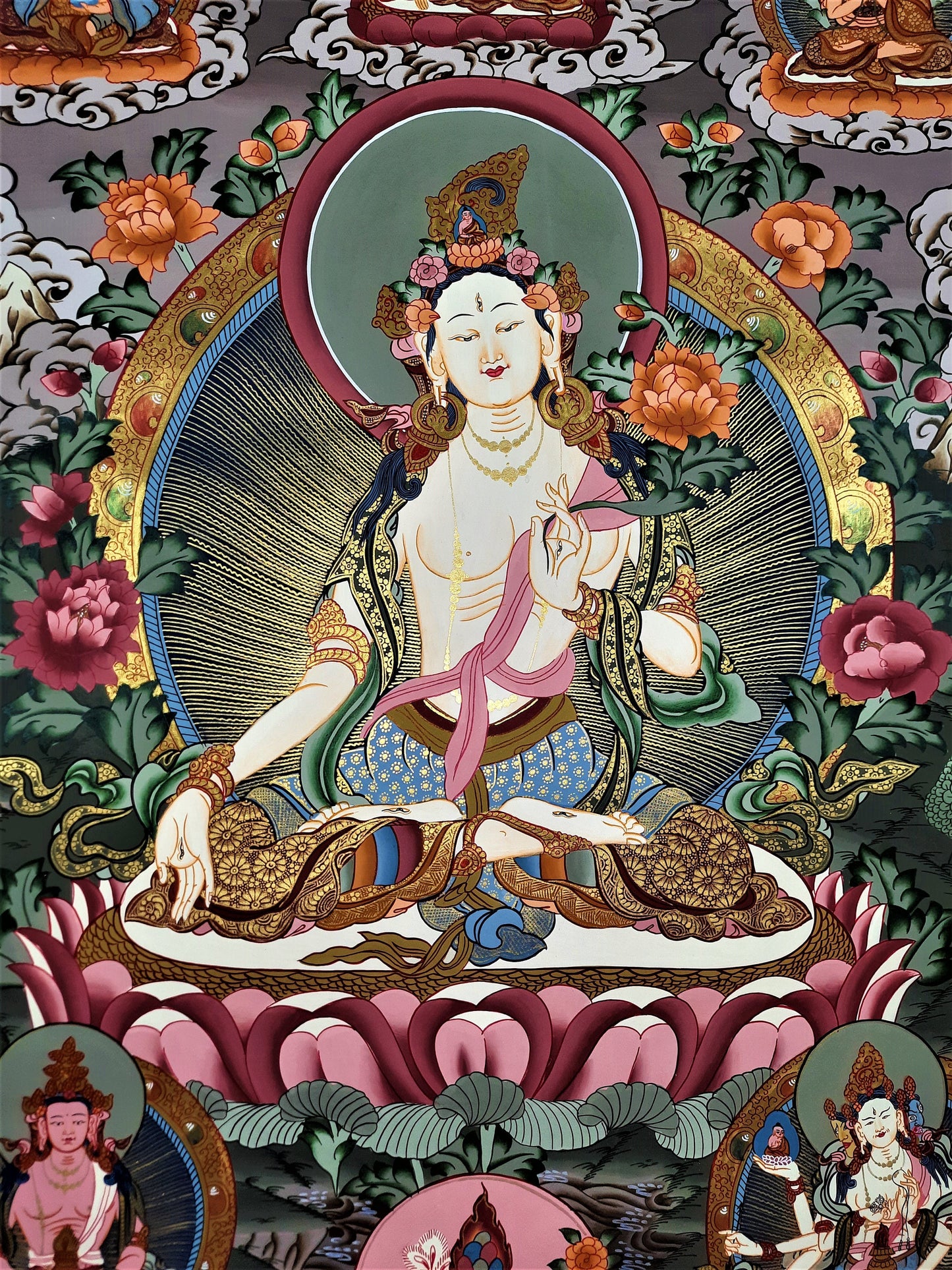 Hand Painted White Tara Thangka, Tibetan Mother Goddess Canvas (28x20.5)