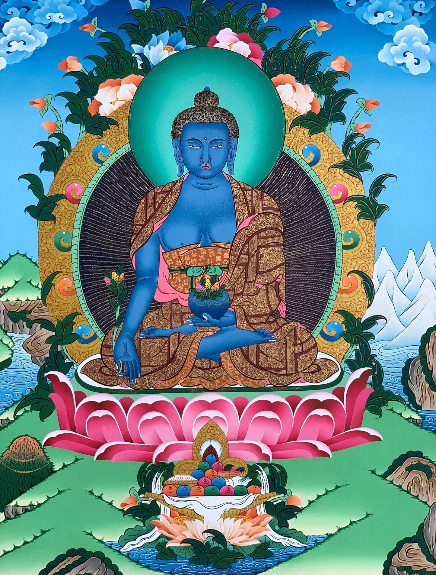 Hand-Painted Medicine Buddha Thangka, 24K Gold Tibetan Healing Art