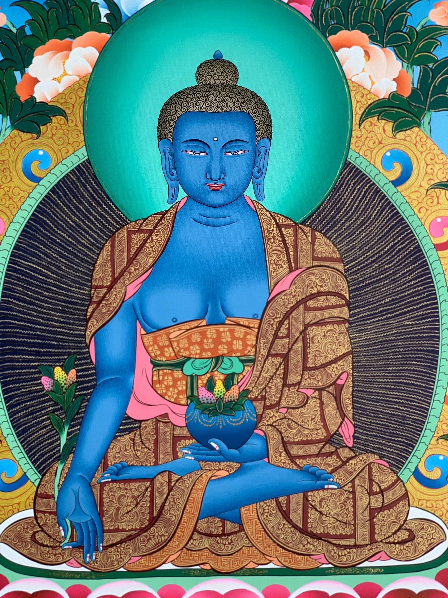 Hand-Painted Medicine Buddha Thangka, 24K Gold Tibetan Healing Art