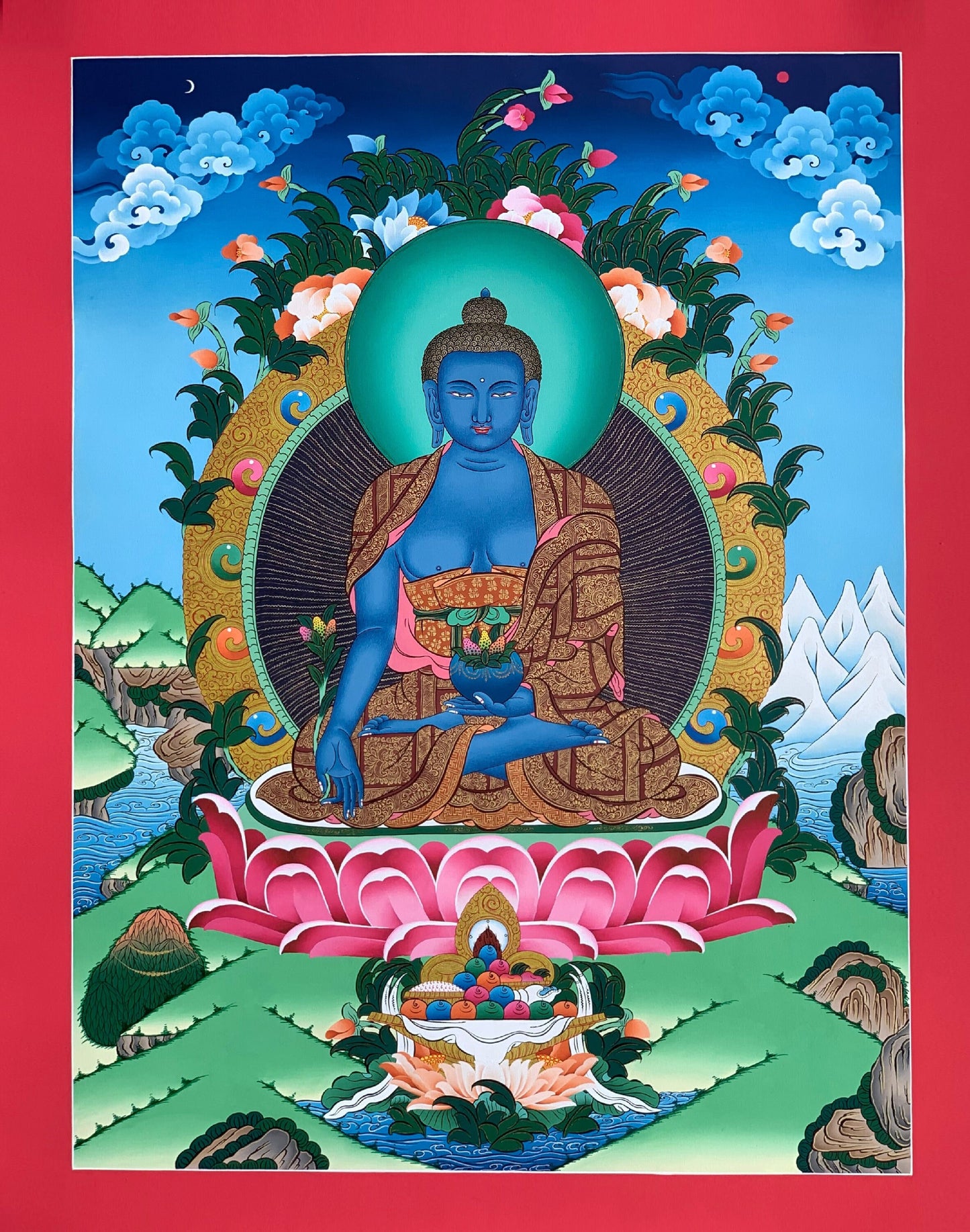 Hand-Painted Medicine Buddha Thangka, 24K Gold Tibetan Healing Art