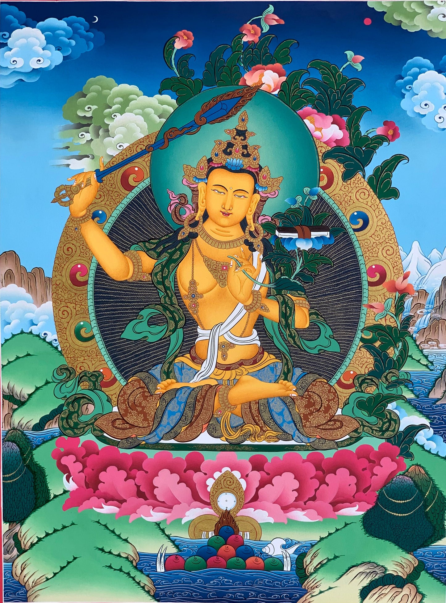 Manjushri Bodhisattva Thangka Painting - Wisdom Deity 24K Gold Hand-Painted  Buddhist Art