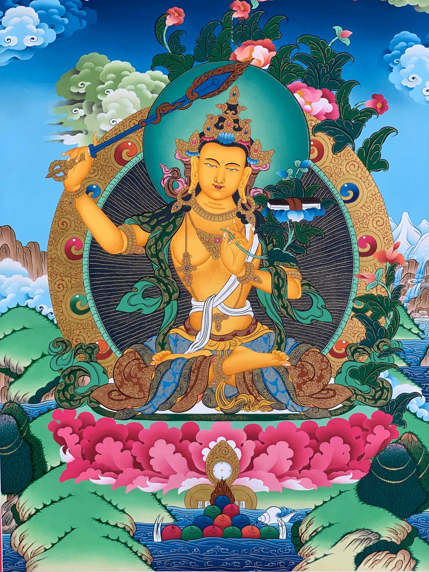 Manjushri Bodhisattva Thangka Painting - Wisdom Deity 24K Gold Hand-Painted  Buddhist Art