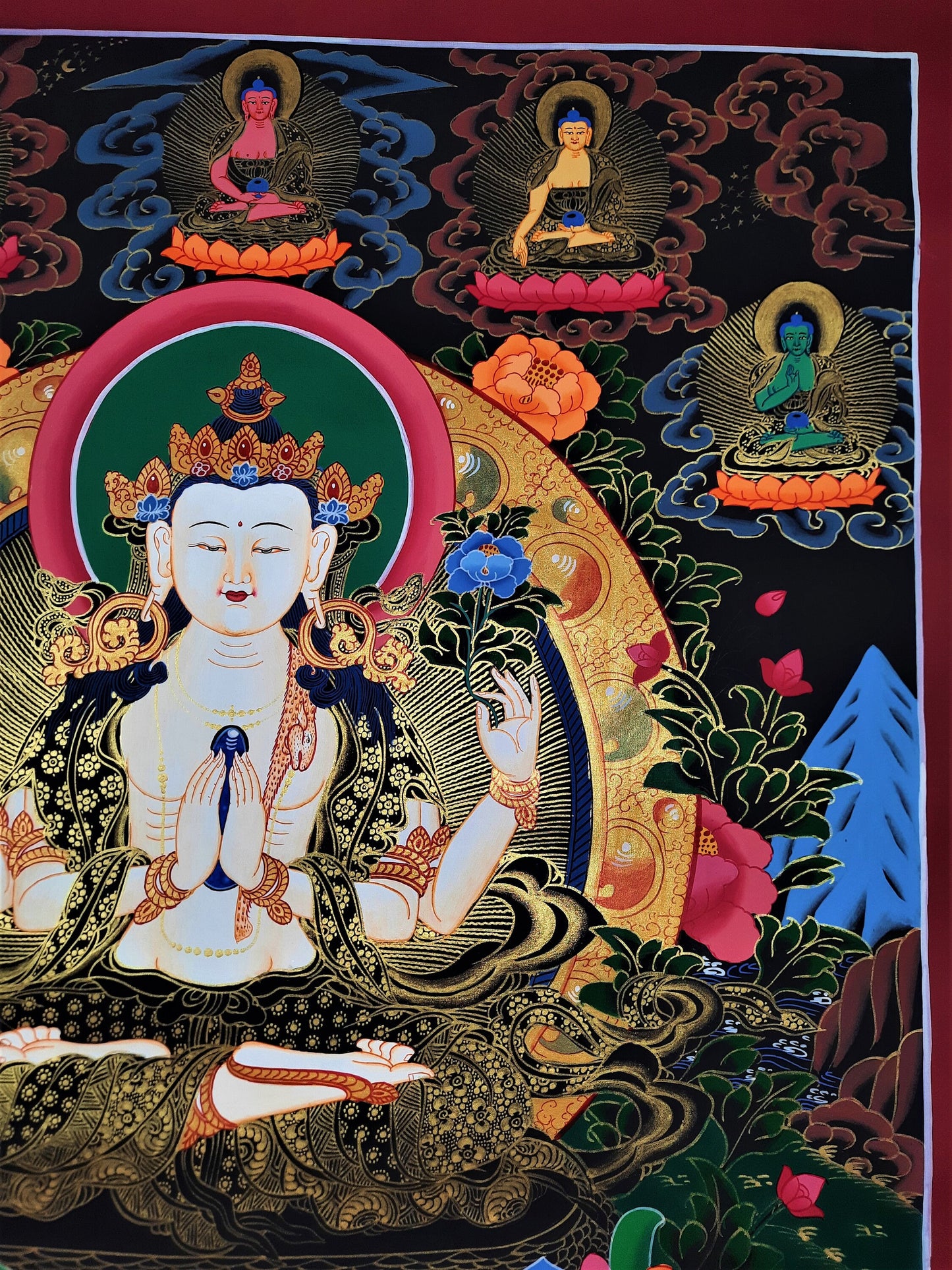Hand-Painted Chenrezig Thangka: Tibetan Compassion Buddha Wall Hanging