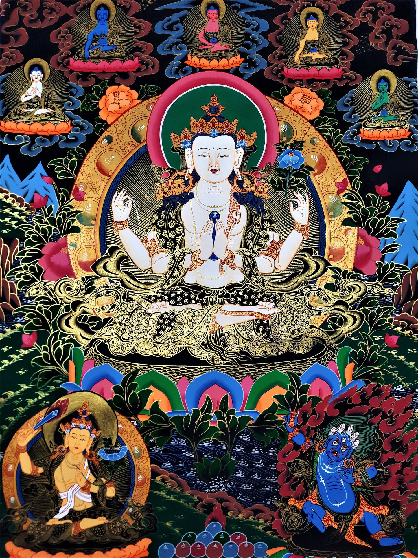Hand-Painted Chenrezig Thangka: Tibetan Compassion Buddha Wall Hanging