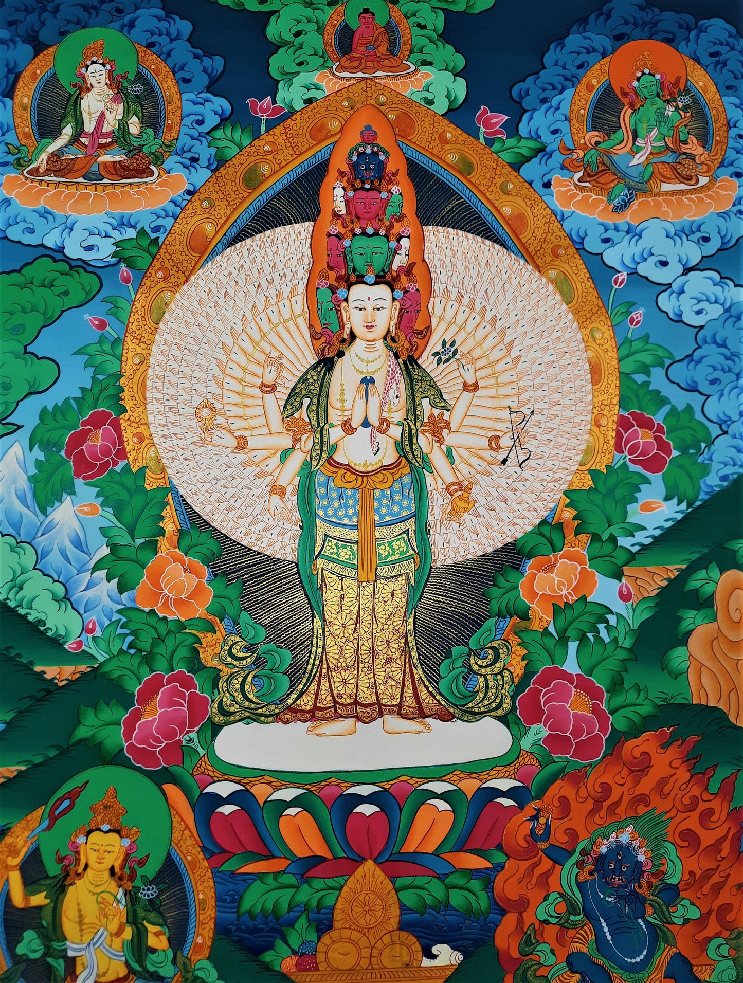 Hand-Painted Avalokiteshvara Thangka: 1000 Armed Tibetan Buddhist Art