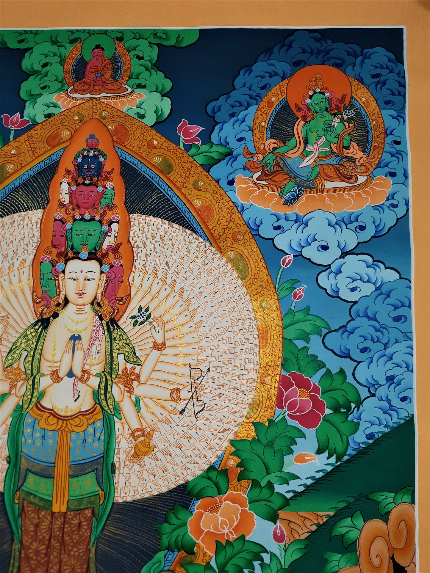 Hand-Painted Avalokiteshvara Thangka: 1000 Armed Tibetan Buddhist Art