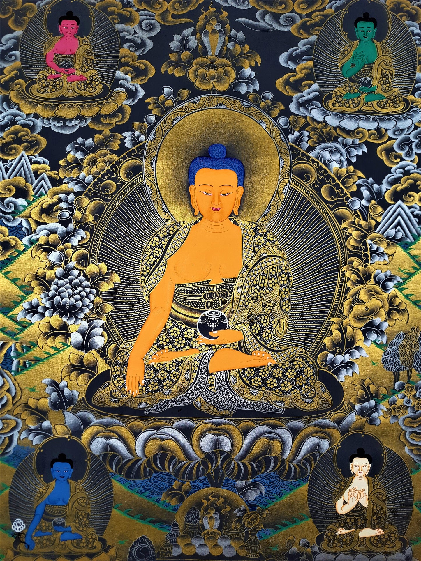 Hand Painted Shakyamuni Buddha Thangka - Five Dhyani Buddha Painting, Tibetan Art (23.5" x 17.5")