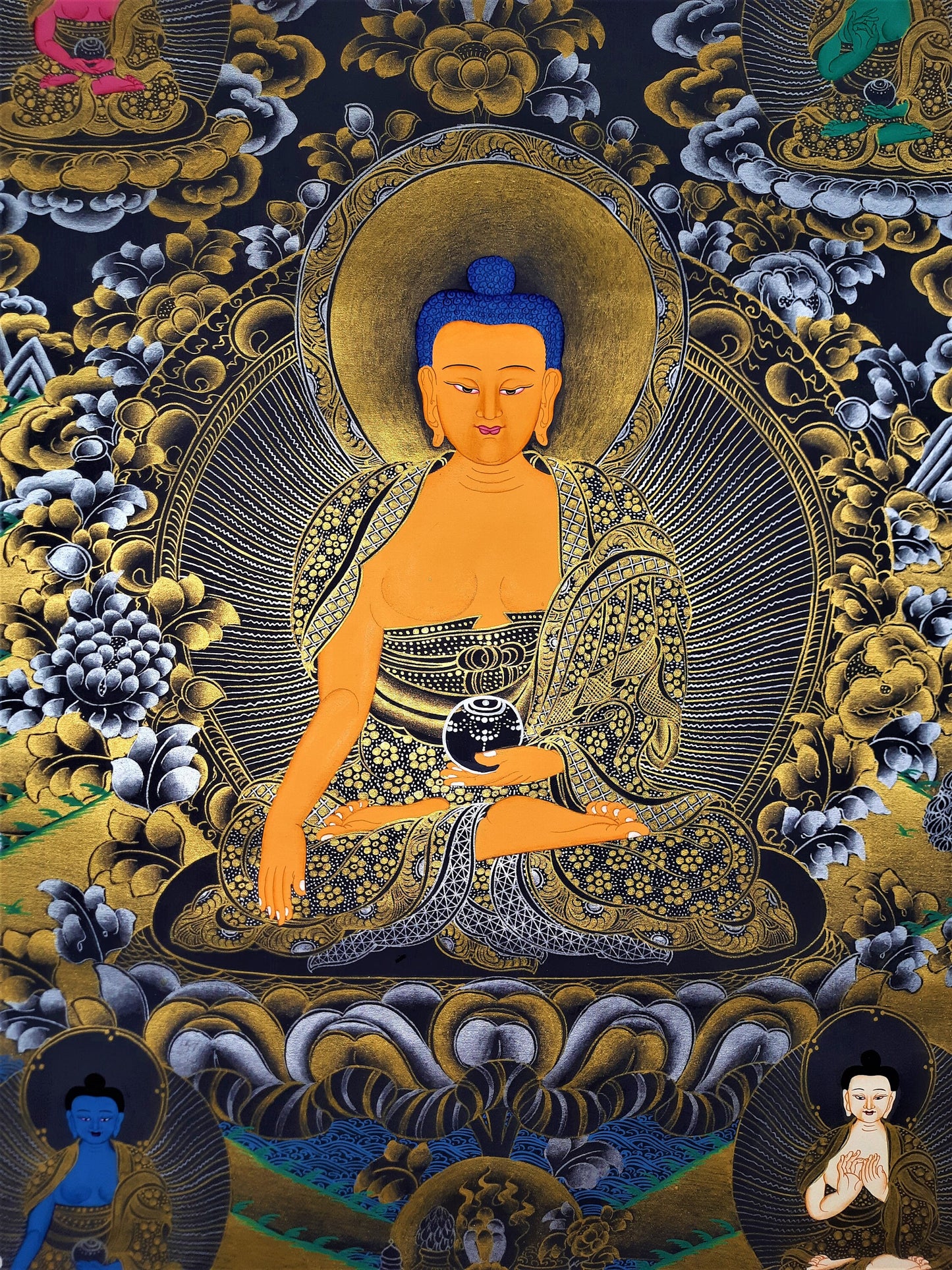 Hand Painted Shakyamuni Buddha Thangka - Five Dhyani Buddha Painting, Tibetan Art (23.5" x 17.5")