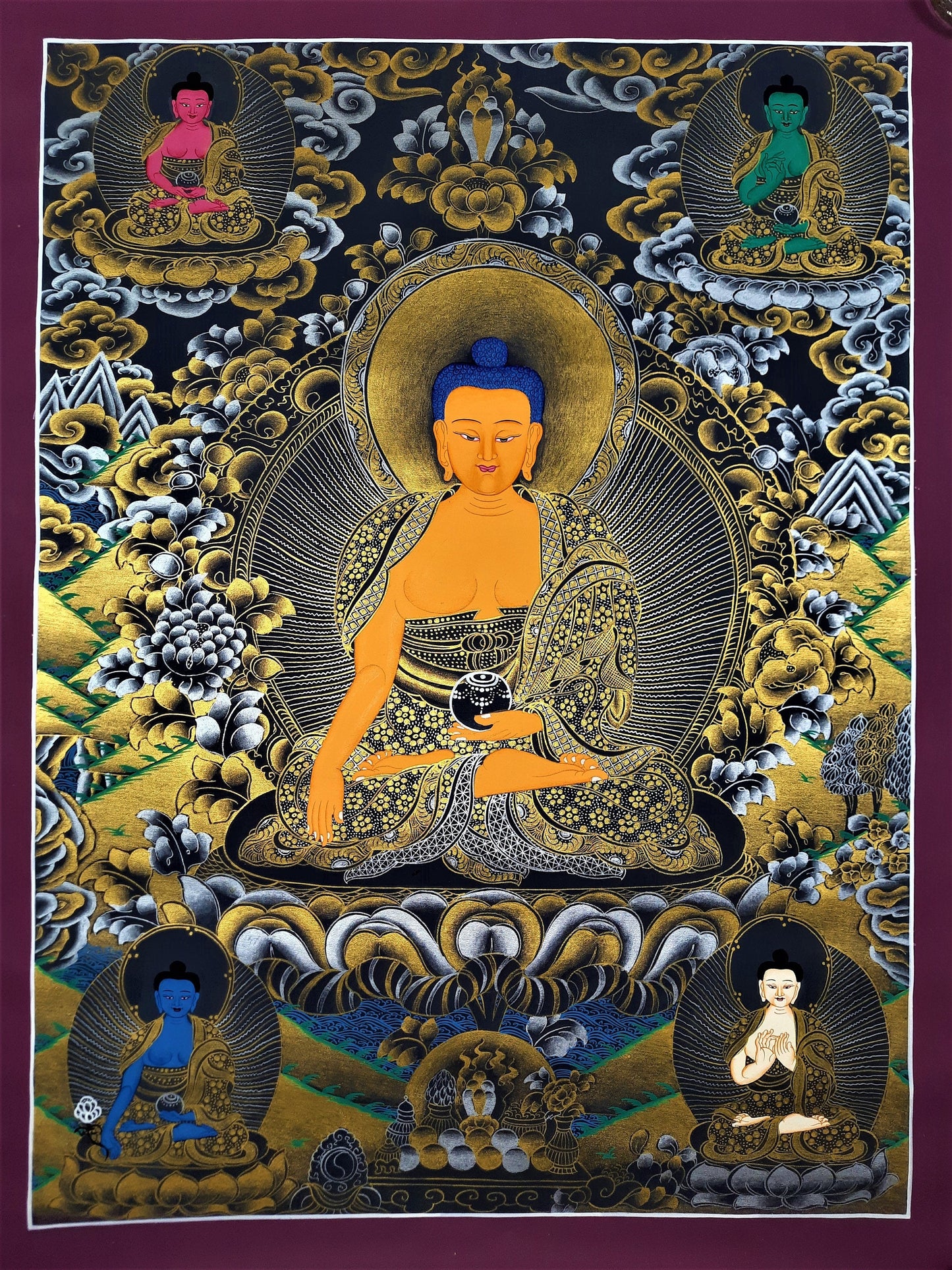 Hand Painted Shakyamuni Buddha Thangka - Five Dhyani Buddha Painting, Tibetan Art (23.5" x 17.5")