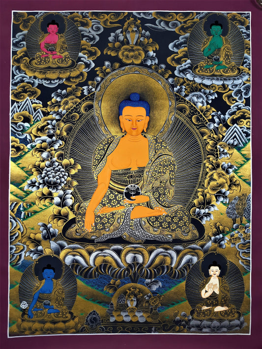 Hand Painted Shakyamuni Buddha Thangka - Five Dhyani Buddha Painting, Tibetan Art (23.5" x 17.5")