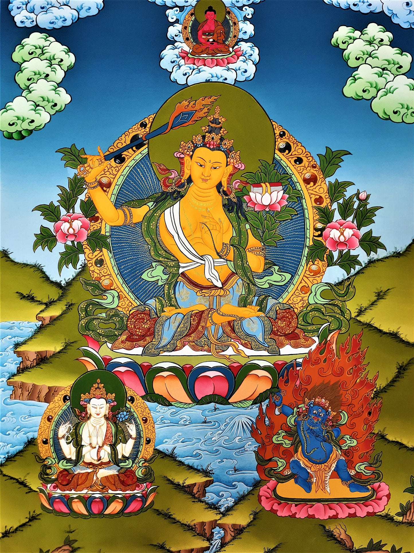 Hand-Painted Manjushree Thanka Painting, Tibetan God of Wisdom Art