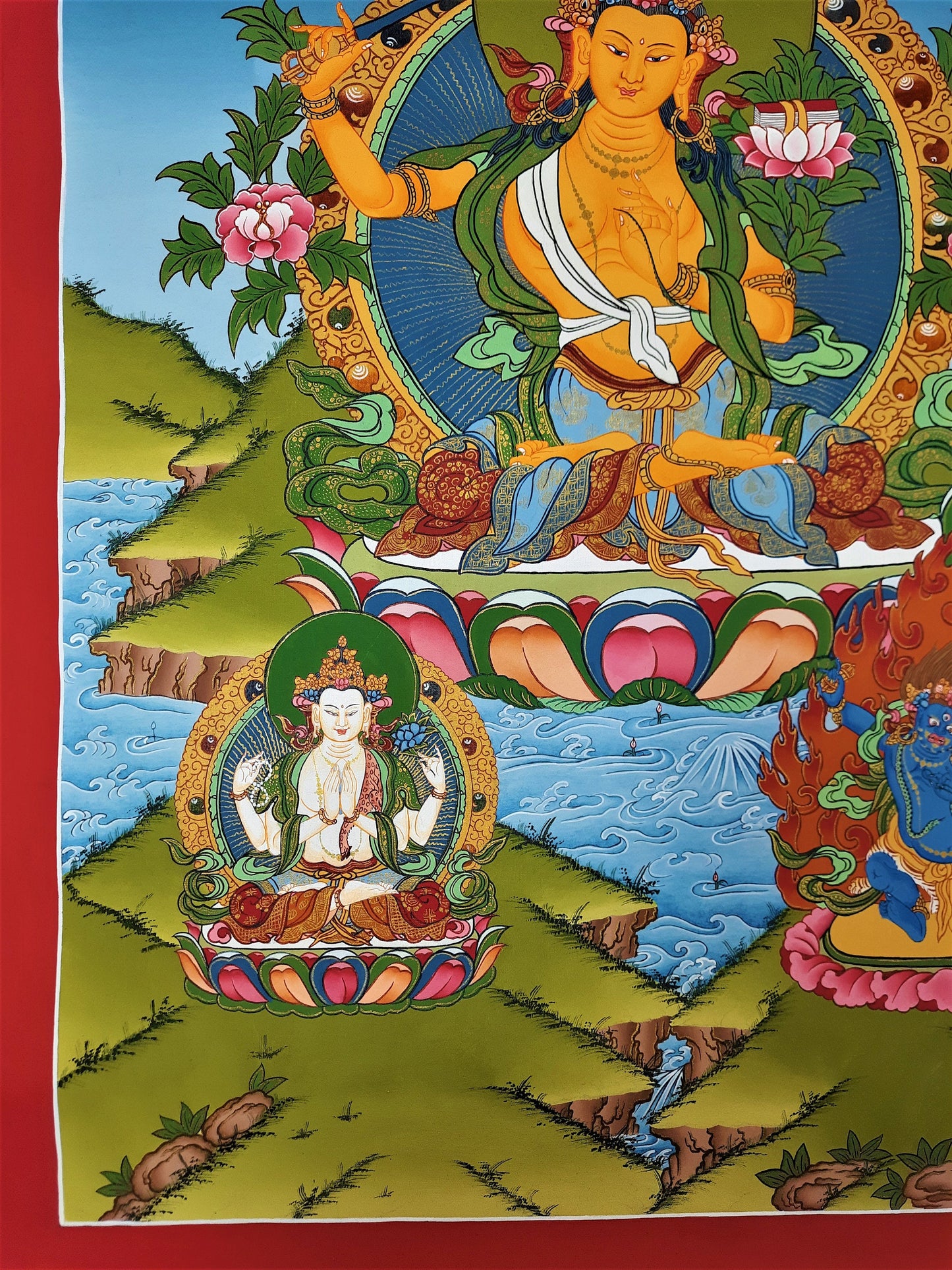 Hand-Painted Manjushree Thanka Painting, Tibetan God of Wisdom Art