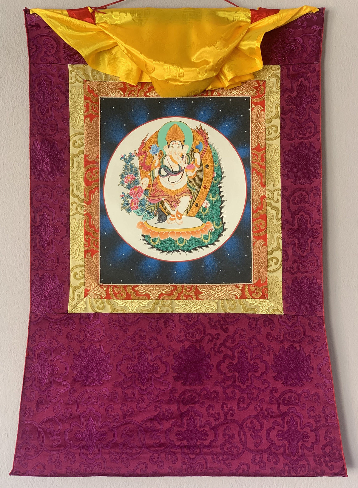 Lord Ganesha Thangka Painting, Hindu Art with Silk Frame