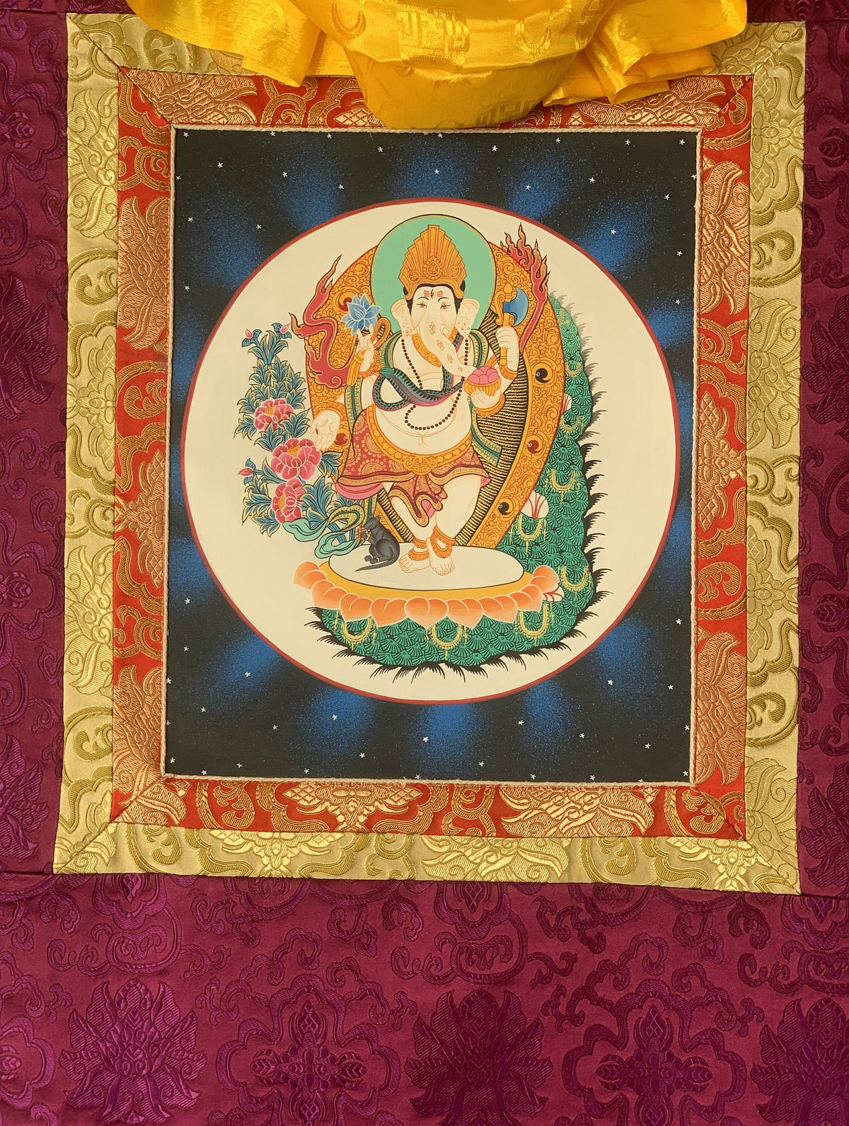 Lord Ganesha Thangka Painting, Hindu Art with Silk Frame